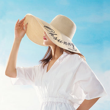 US Stock Women's Fairlady Large Brim Straw Hat Reversible Cap UPF 50+